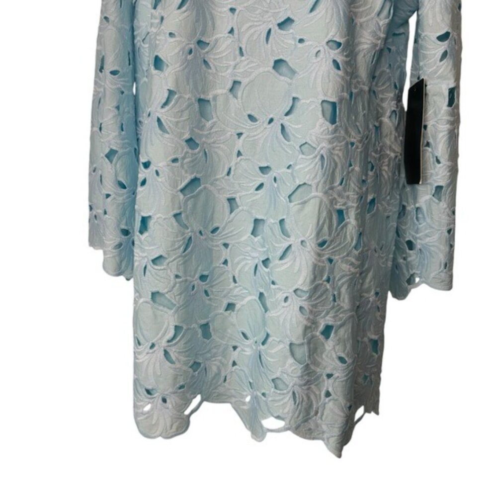 Tuckernuck NEW Aqua Floral Lace Camilla Long Flared Sleeve Mini Dress Size L - Picture 10 of 12